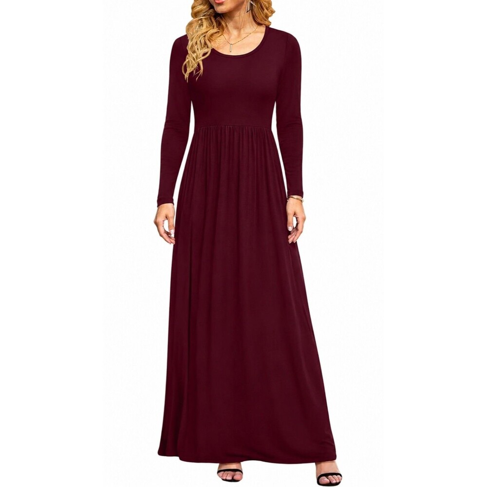 Daily Ritual XS Burgundy Maxi Dress Long Sleeve Scoop Neck Stretch Casual Boho